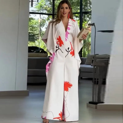 Jumpsuits for Woman Summer Printing Three Quarter Sleeves V Neck Jumpsuits Fashionable Casual Loose Women's Wide-leg Jumpsuit