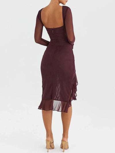 Ruffle Ruched Midi Dress For Women