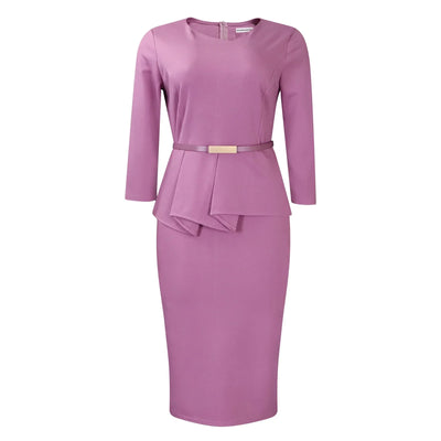 Dress Office Wear for Women Professional Skew Collar Three Quarter Sleeve Belt Waisted Sheath Package Hips Mid Calf Formal Dress