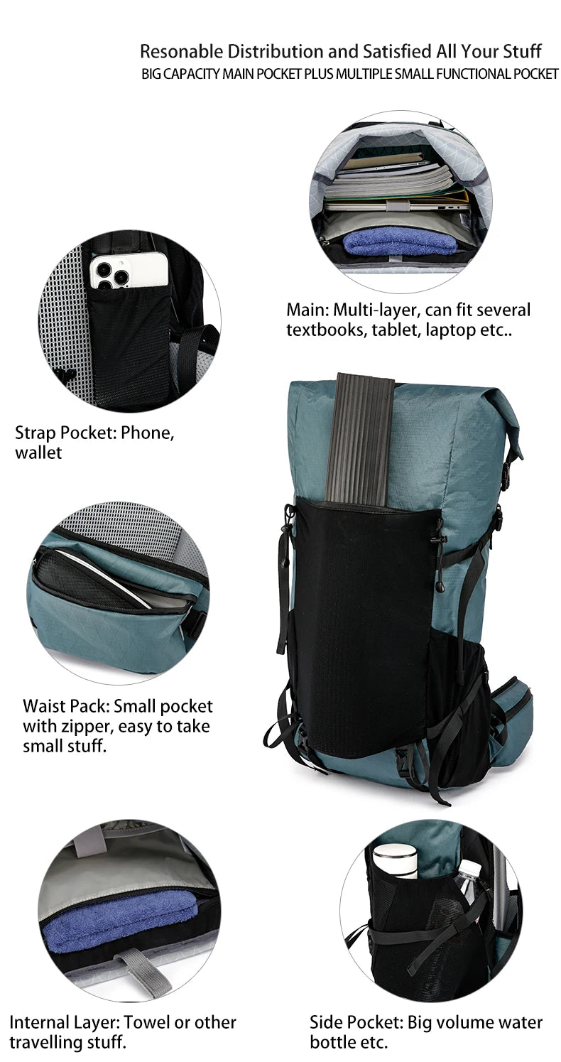 30L Hiking Backpack Daily Travel Wear-Resistant Waterproof Professional Climbing Large Capacity Roll-Up Shoulder Bag 2025 New
