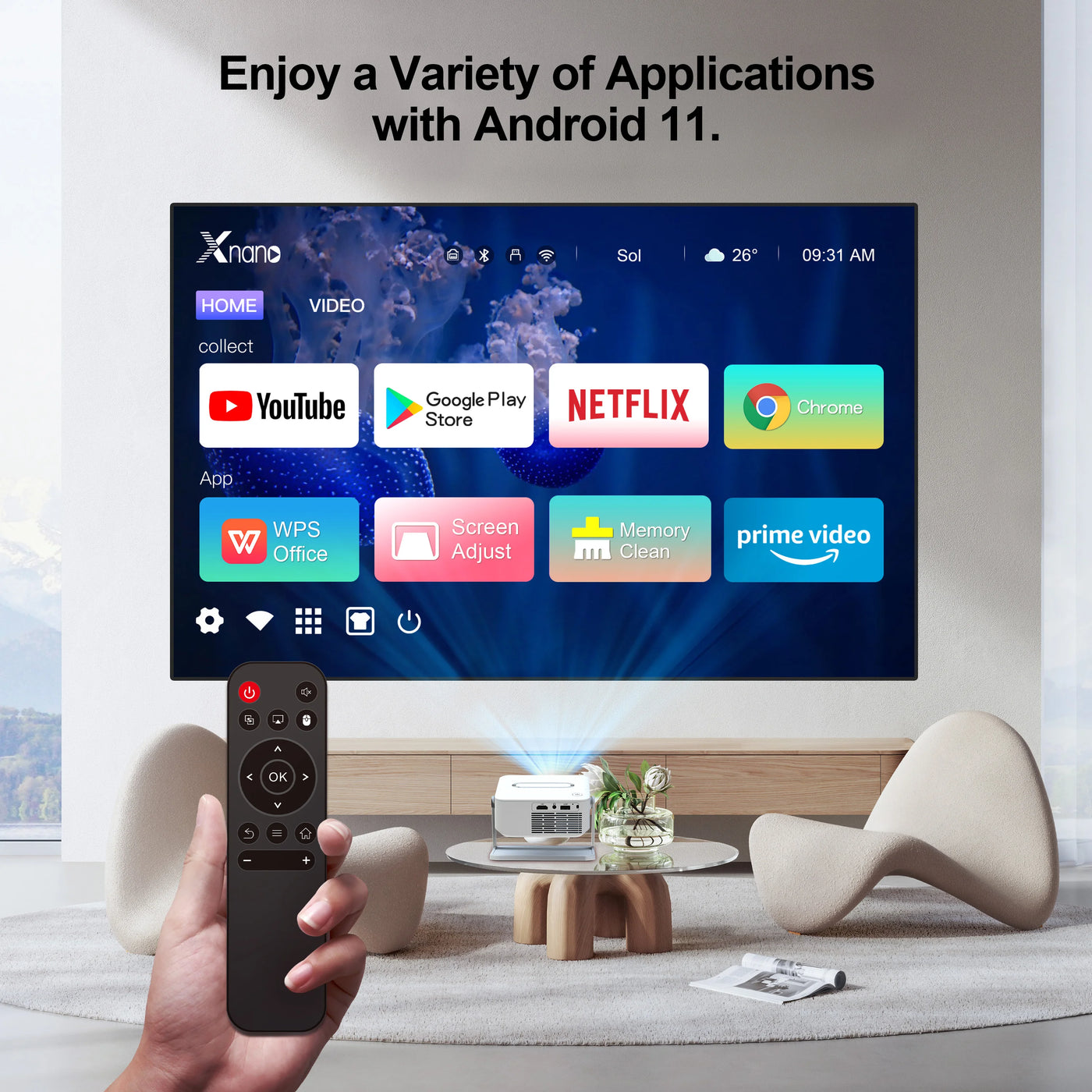 Portable Proyector 4K Android 11 Dual Wifi 5 300ANSI CPU H713M BT5.0 1080P 1280*720P Proyector de cine en casa para exteriores