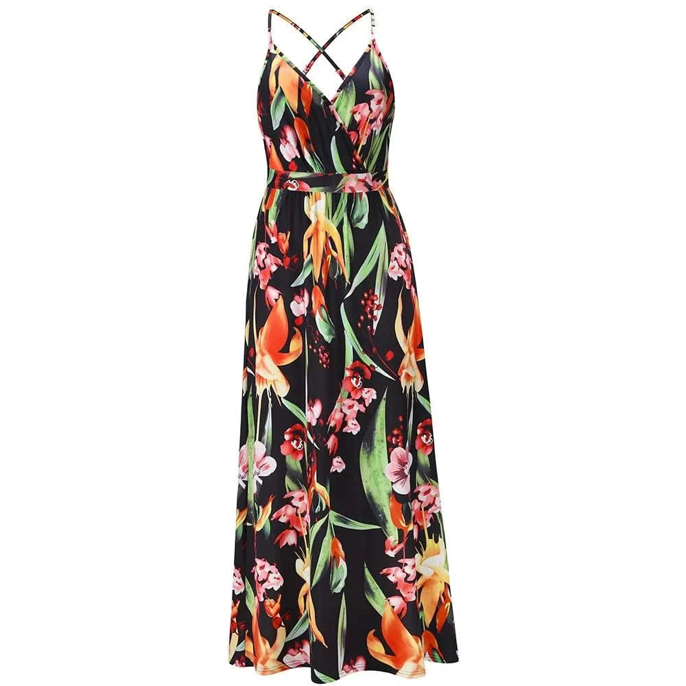Floral Dress Women's Summer Dress Sexy Backless V-neck Suspender Long Dress