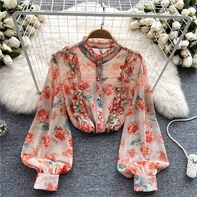 Women Ruffles Lace Floral Print Retro Elegant Button Shirts Summer Fashion Sweet Chic Stand Collar Long Sleeve Blouse Loose Tops