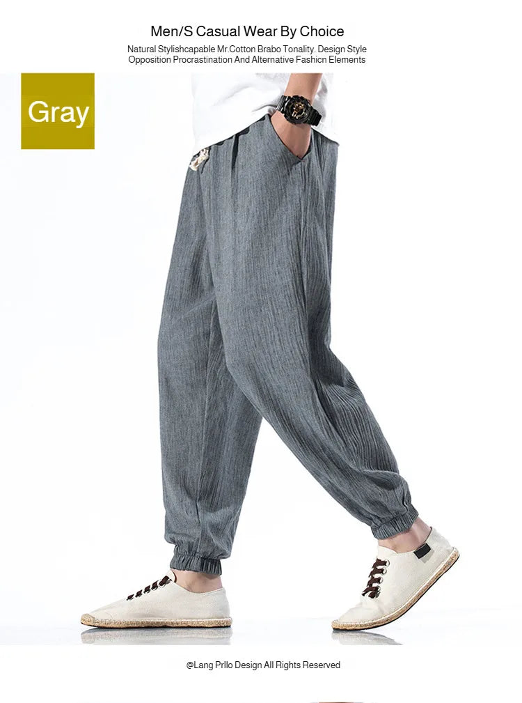 Men's Cotton and Linen Trousers Harem Pants Cuffed Fashion Trousers Linen Slim Pants Beach Pants Joggers Streetwear Loose Pants