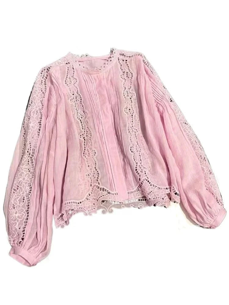 White Pink Tops Women Hollow Out Embroidery