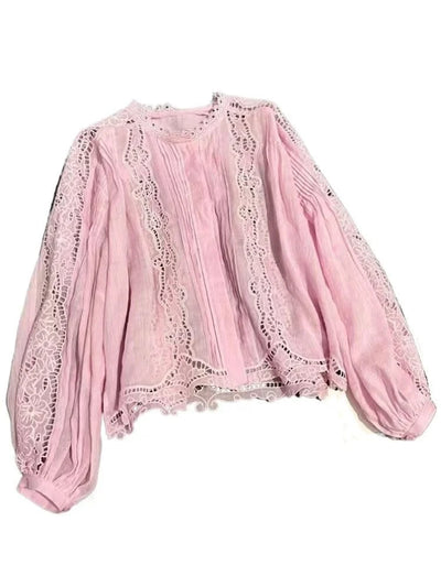 White Pink Tops Women Hollow Out Embroidery