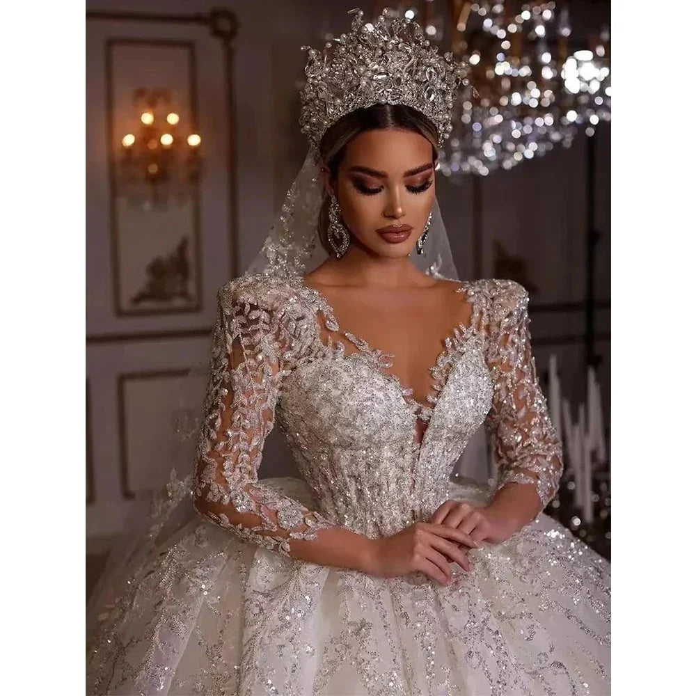 Luxury Women's Wedding Dresses Elegant V-Neck Long-Sleeve Lace Appliques A-Line Puffy Skirt Tulle Bridal Gowns Formal Customized
