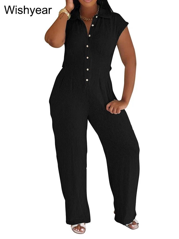 Women Casual Ribbing Loose Straight Jumpsuit Sleeveless Button High Waist One Pieces Wide Leg Rompers Summer Streetwear Overalls