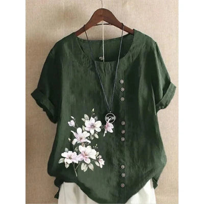 Elegant Comfortable Cotton Linen T-Shirt Women New Single-breasted Splicing Decoration Tops Female Casual Flower Print Tees 2024