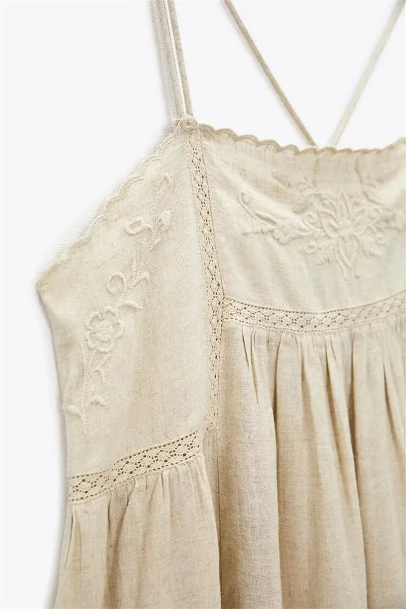 Women's Dresses New Summer 2025 Embroidered Decorative Midi Dress Sexy Suspenders Open Back Design Personality and fashion