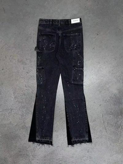 American retro design sense furred edge micro flared jeans men Y2k dark pants new low waist splicing elastic floor length pants