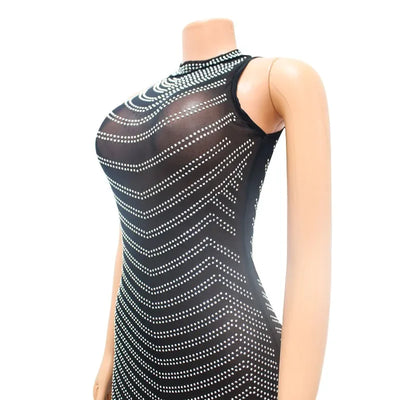 Sexy Sheer Mesh Studded Maxi Dress Women Sheath Backless Party Dress Clubwear