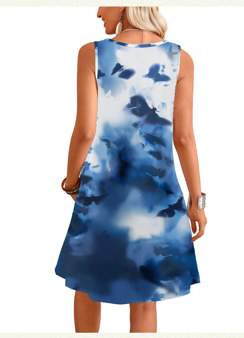 Women Summer Dress 2025 New Sleeveless Pull-out Floral Printed Pocket Large Round-neck Vest Dress Vestidoes Clothing