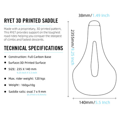 RYET 3D Printed Bike Carbon Saddle 140mm 142mm Super Light Road MTB Racing EVA Saddles Bicycle Seat Cushion Cycling Seating Part