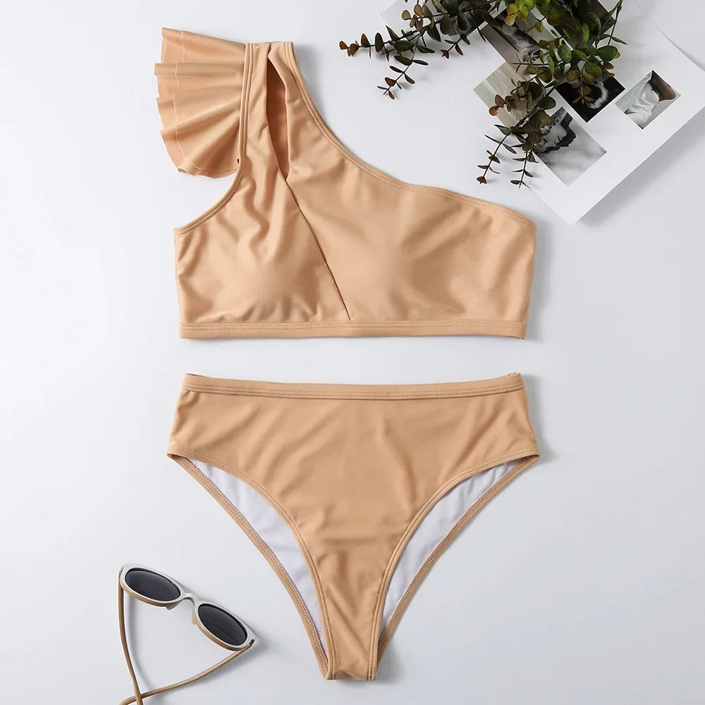 One Shoulder Bikinis 2025 Women Ruffle Swimsuit Solid High Waist Swimwear Female Padded Bathers Bathing Swimming Suit Beachwear