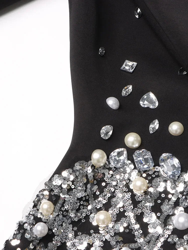 TWOTWINSTYLE Spliced Sequins Chic Dress For Women Lapel Long Sleeve High Waist Patchwork Pearls Temperament Dresses Female New
