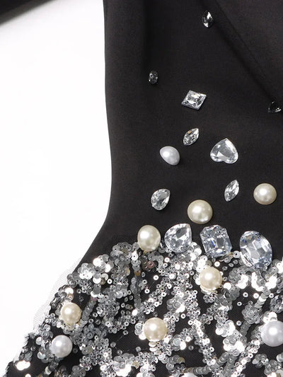 TWOTWINSTYLE Spliced Sequins Chic Dress For Women Lapel Long Sleeve High Waist Patchwork Pearls Temperament Dresses Female New