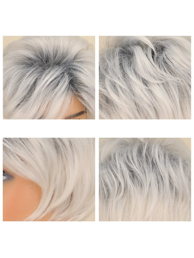Women Short Hair Women Synthetic Wigs Mixed Gray White Pixie Cut HighLights Hair Wig Heat Resistant Fiber Wigs