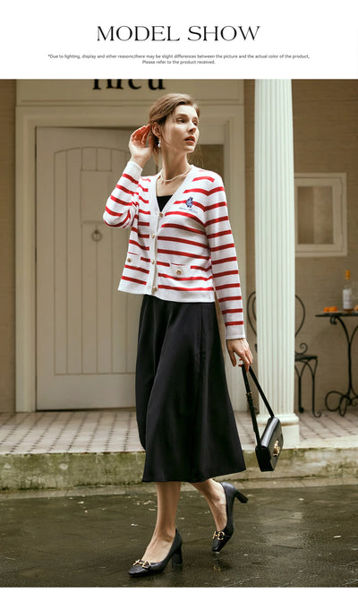 OLrain Wool Blend Striped Cardigan Women 2025 Spring Commute Embroidery V Neck Long Sleeve Chic Button Knitwear M56QZ86390
