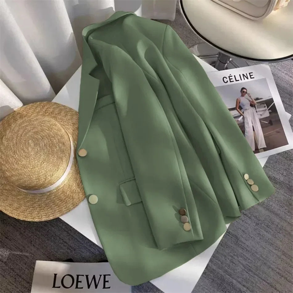 Women's Double Breasted Blazer Chic Office Lady Vintage Coat Fashion Notched Collar Long Sleeve Ladies Outerwear Stylish Tops