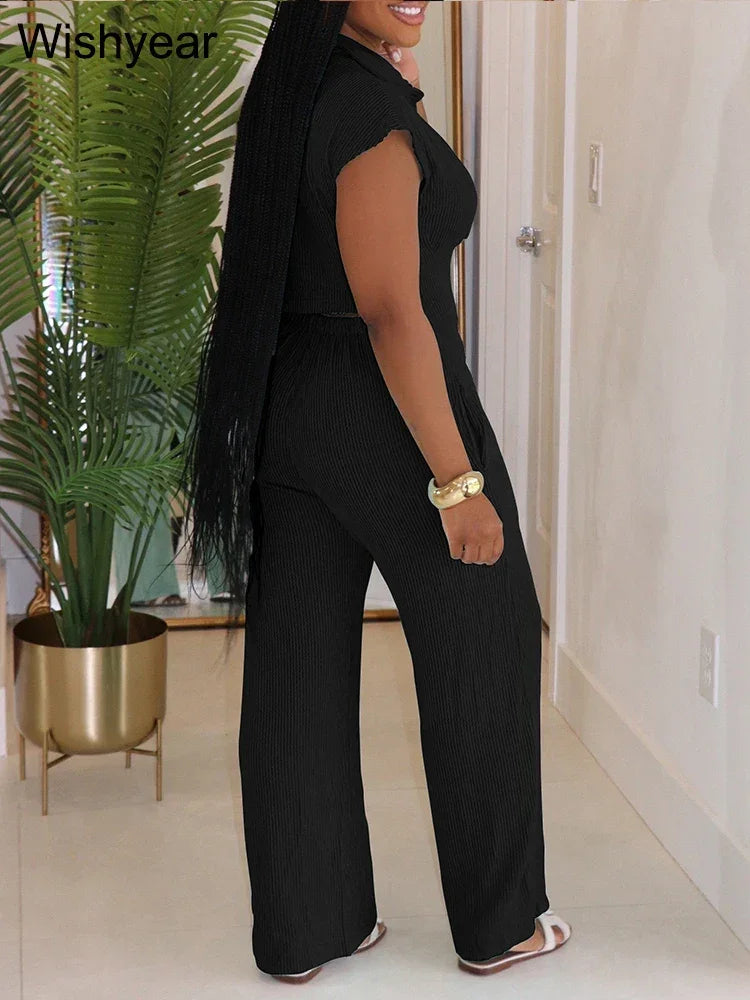 Women Casual Ribbing Loose Straight Jumpsuit Sleeveless Button High Waist One Pieces Wide Leg Rompers Summer Streetwear Overalls