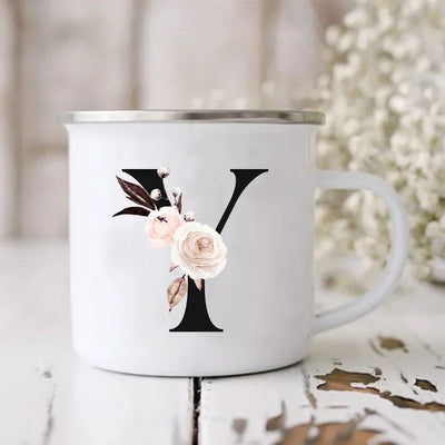 Initial Letter Print Mugs Enamel Creative Coffee Cups Drinks Wine Juice Milk Cup Vintage Home Office Handle Drinkware Best Gifts