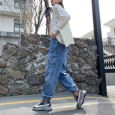 Women Jeans Jogger Pant Elastic Waist Solid Denims Trousers with Flap Pocekts