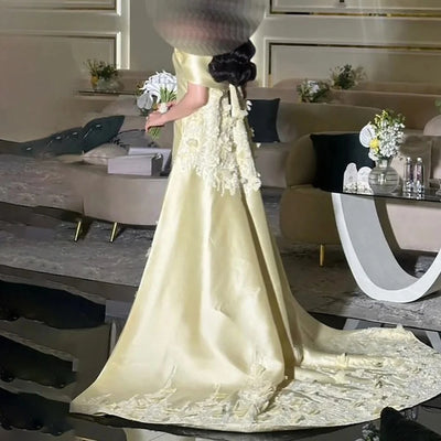 Customized 3D Flowers Evening Dresses A-line Off Shoulder Princess Prom Dress Sweetheart Bow Backless Ball Party Gowns for Women