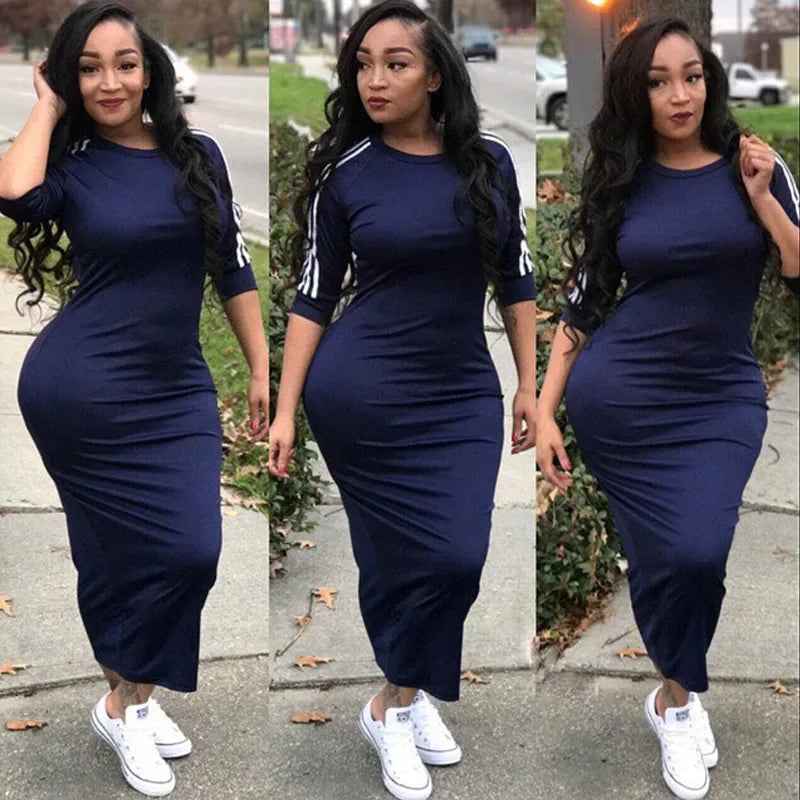 Summer Elegant Dress  for Women 2022 Fashion Casual Half Sleeve Stripe O Neck Mid Female Bodycon Dress vestidos