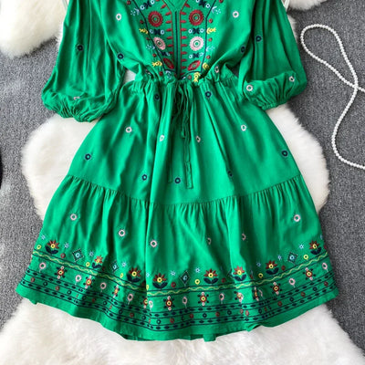 Boho Dress for Women Embroidery Floral Print V-neck Elastic Waist Lace-up Dresses with Belt Summer Vestidos Folds Dropshipping