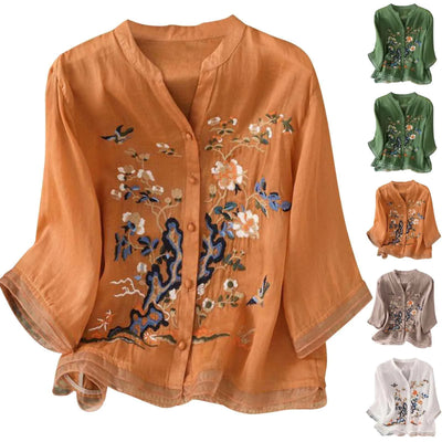 3/4 Sleeve Cotton Linen Shirts For Women 2025 Summer Boho Retro Embroidered Tops Dressy Casual Trendy Vacation Blouse Y2K Tops