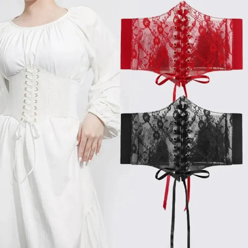 Fashion Women Waist Corset Flower Embroidery Elastic Waistband Black White Red Pink Wide Lace Slimming Body Belts Cummerbunds