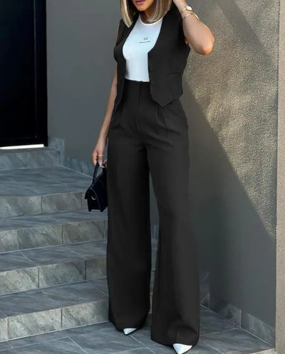 Trousers Suit Women's Vest Trousers Suit Elegant Loose Regular Work Suit High Waist Wide-leg Trousers 2-piece Street Suit