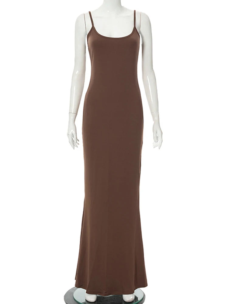Women Backless Sexy Maxi Dress 2025 Spring Satin Slip Sleeveless Slim Party Concise Платье Female Bodycon Dress Elegant Clothing