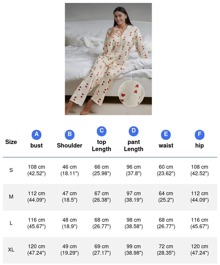 Love Pattern Waffle Pajamas Women Loungewear Set Cardigan Homewear Lady Long Sleeve Top Pant Nightwear 2025 Autumn Spring New