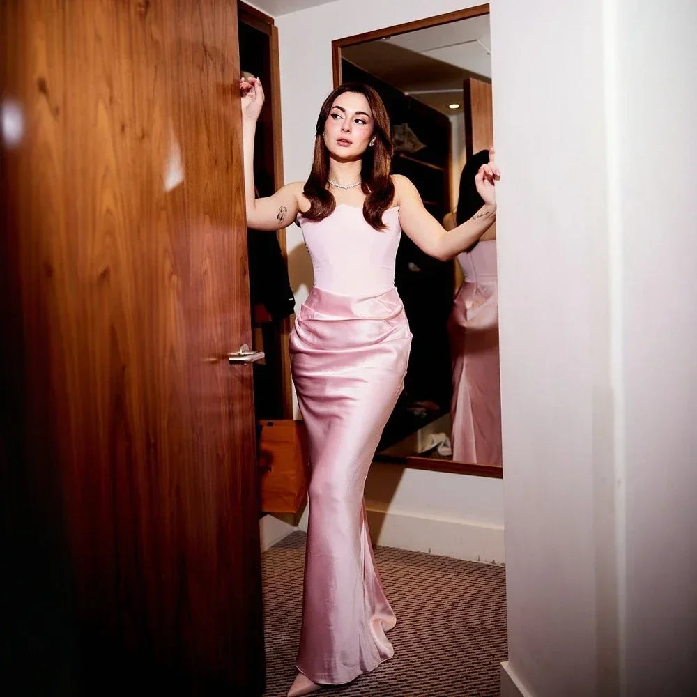 Oligai Strapless Women Maxi Evening Dress 2025 Pink Corset Cocktail Dress Elegant Strapless Satin Formal Occasion Party Dresses