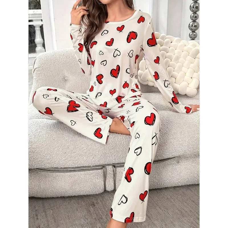Sleepwear Women's Black Love Print Long Sleeve Trousers Student Loungewear Pajama Set Girl O-Neck Fashion Soft Casual Nightwear