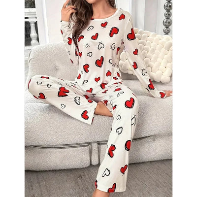 Sleepwear Women's Black Love Print Long Sleeve Trousers Student Loungewear Pajama Set Girl O-Neck Fashion Soft Casual Nightwear