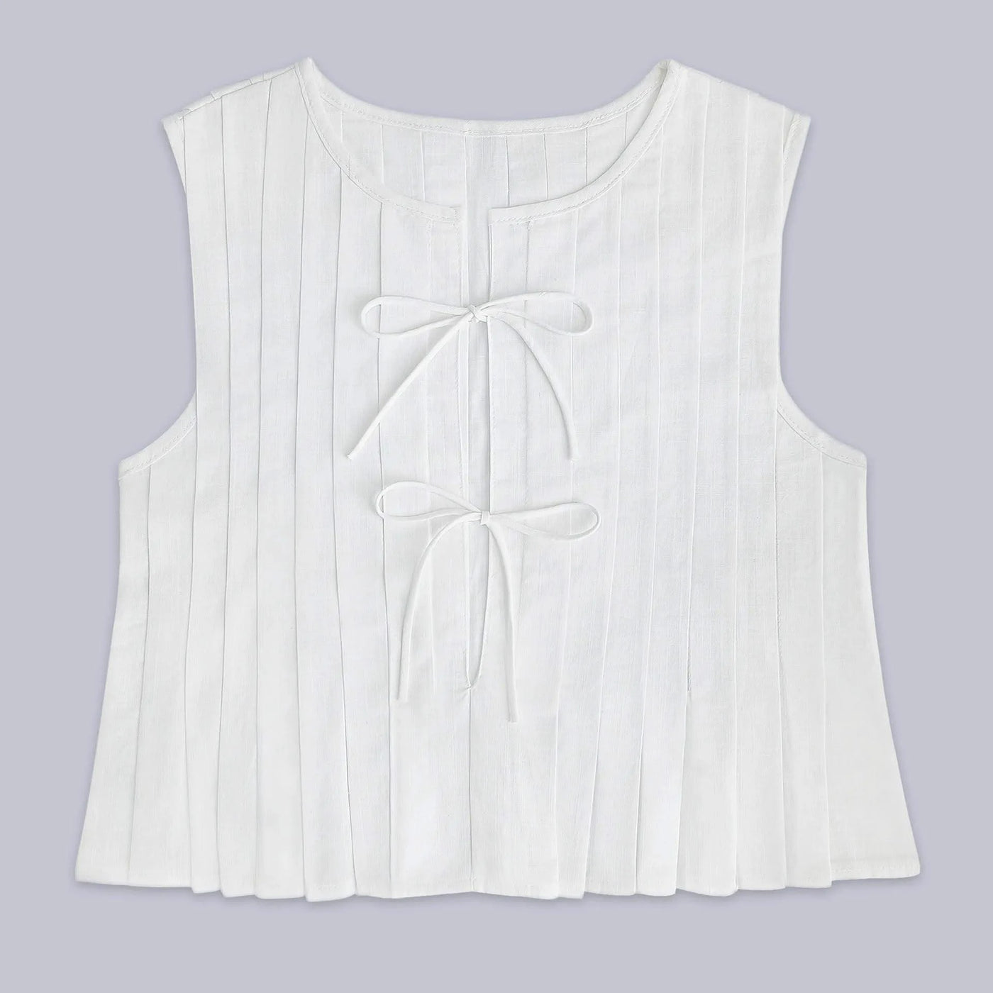 Linen Cotton Pleated Lace-up Elegant White Women Tops Tanks 2025 Summer Women Causal O-neck Sleeveless Ruffles Vest Streetwear