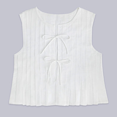 Linen Cotton Pleated Lace-up Elegant White Women Tops Tanks 2025 Summer Women Causal O-neck Sleeveless Ruffles Vest Streetwear