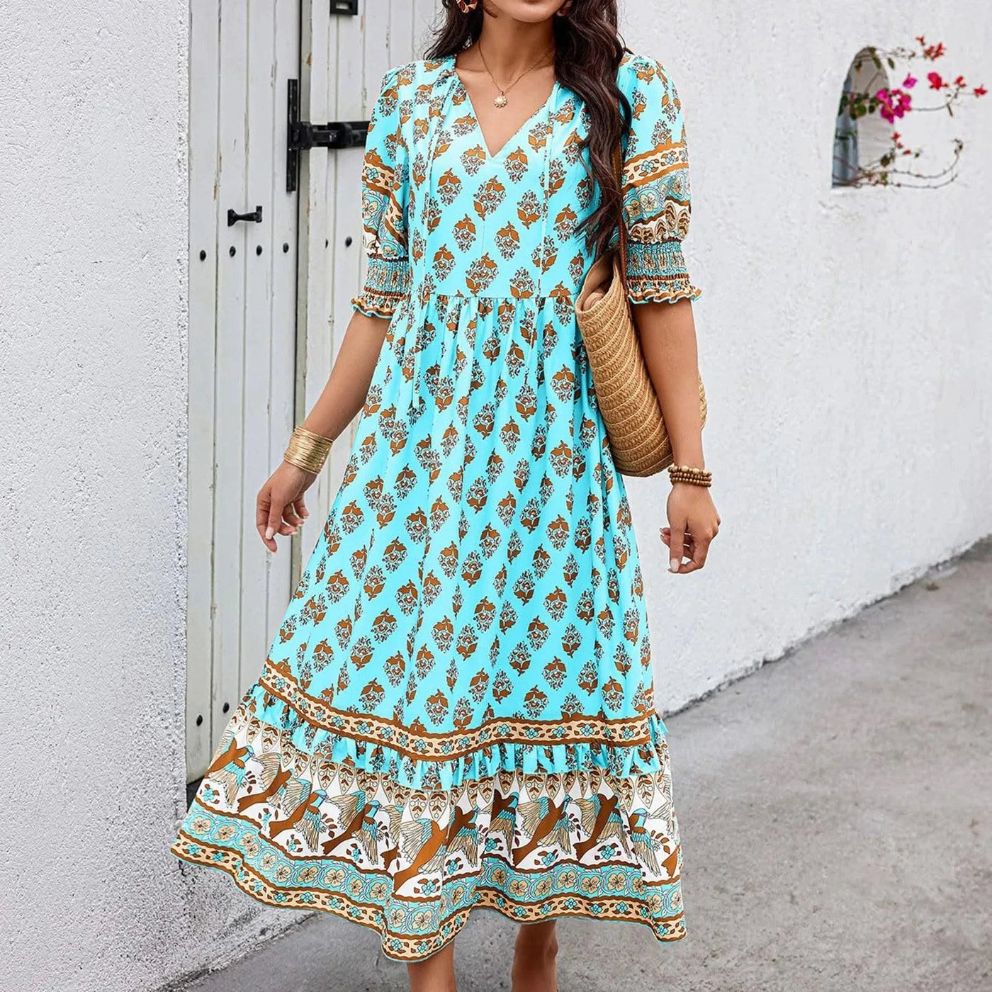 dresses for women Fashion summer Casual long dresses Bohemian V-Neck Printed High Waisted Big Swing Dress vestidos cortos