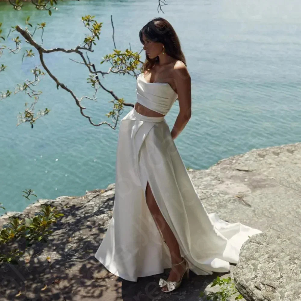 Beach Wedding Dresses Boho Bridal Gowns Summer Two Pieces Bride Dress 2024 Thigh Split Wedding Gown Strapless Sleeveless On Sale