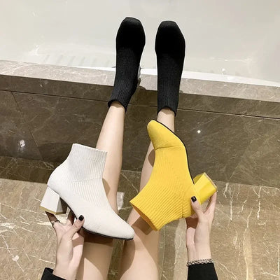 Stretch  Sock Boots For Women Shoes Square Heel Yellow Knitting shoes Elastic Cottton Boots Lady Footwear