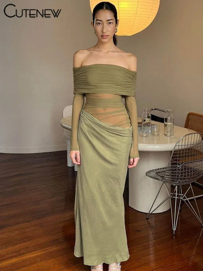 Cutenew Mesh Ruched Women Maxi Dress Sexy See Through Off Shoulder Long Sleeve Sheath Vestidos Female Midnight Party Solid Robe
