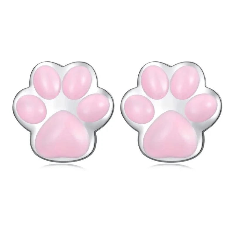 WOSTU Real 925 Sterling Silver Cat Ear Hoop Earrings For Women Lovely Pink Cute Pet Paw Studs Clips Girl Unique Jewelry Gift