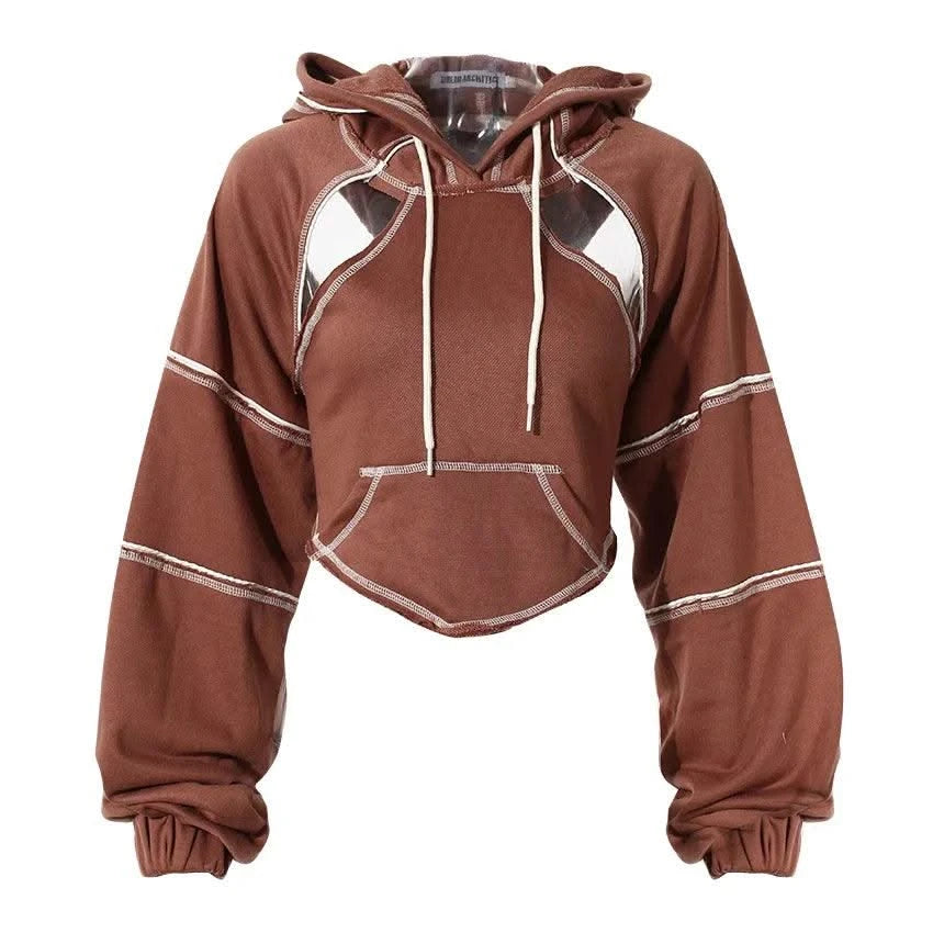 Women Hooded Sweatshirt Color Clashing Bright Line Short Top Ladies Fashion Layering Hoodie Long Sleeved tops New
