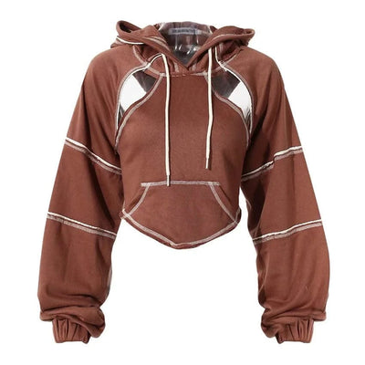 Women Hooded Sweatshirt Color Clashing Bright Line Short Top Ladies Fashion Layering Hoodie Long Sleeved tops New