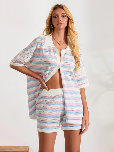 Women Pajamas Set 2 Pieces Loungewear Suits Summer Striped Contrast Color Button Crochet Knit Tops and Shorts Lounge Sets Beach