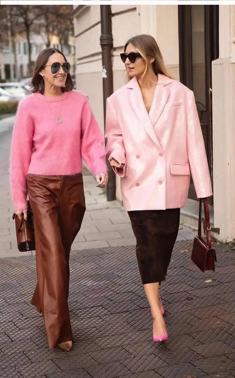 DEAT Fashion Women's Blazer Notched Collar Double Breasted Sequins Full Sleeves Pink Suit Jackets Autumn 2025 New Tide 7AB643