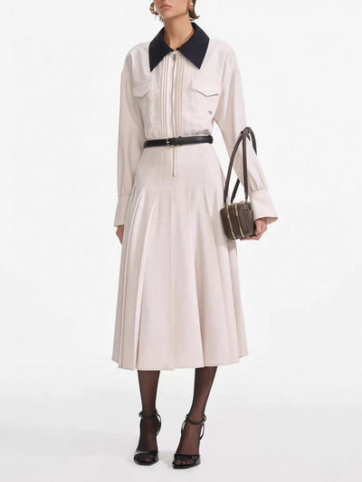 VGH Designer Slimming Hit Color Spliced Belt Long Dresses For Women Lapel Long Sleeve High Waist Temperament Dress Female New